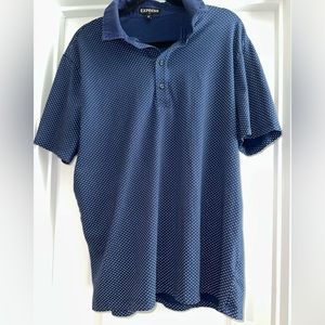 Express Men’s Short Sleeve Blue Polo Shirt White Dots Button Collar XL